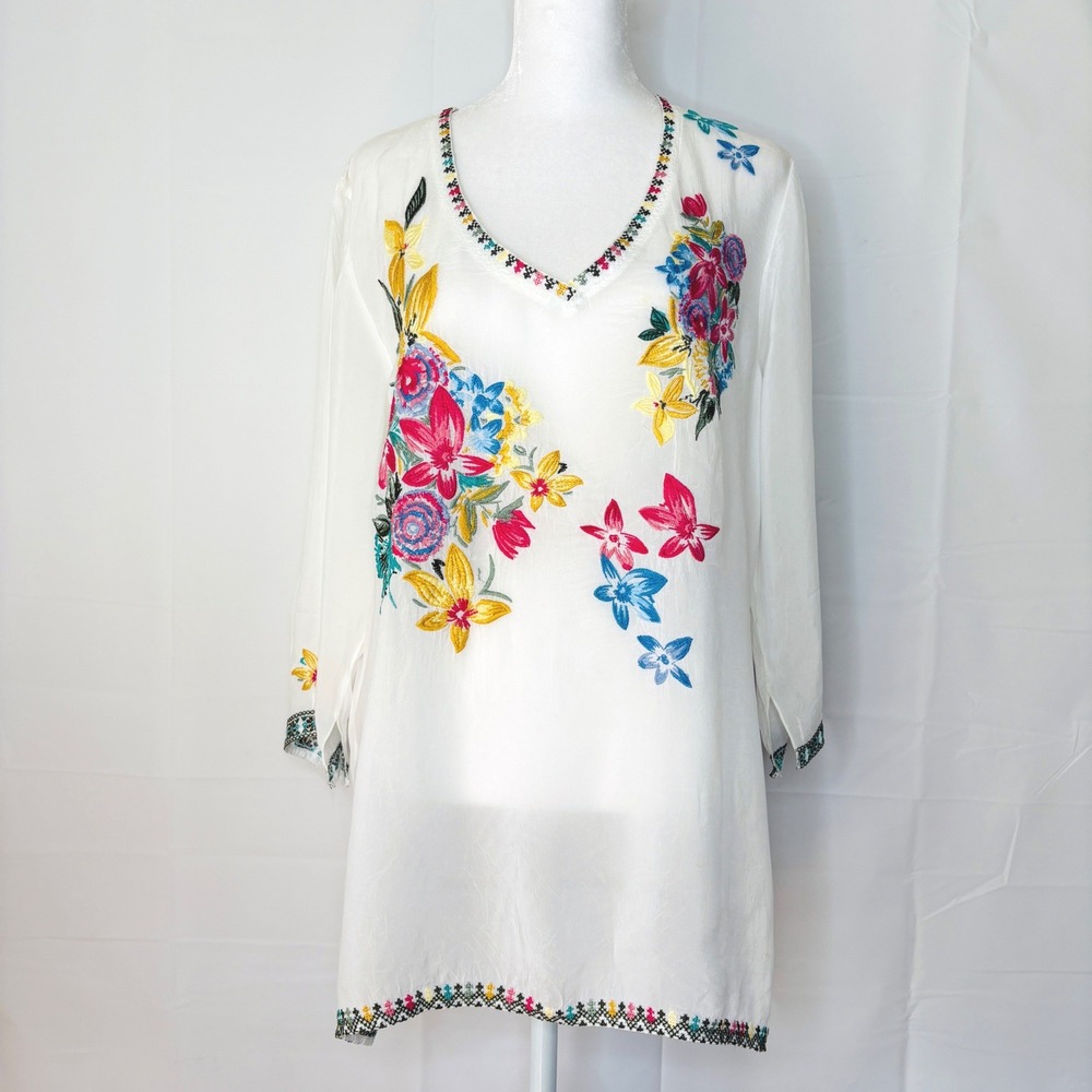Johnny Was Sheer White Floral Embroidered Tunic Large Bohemian Resort Cove Up L